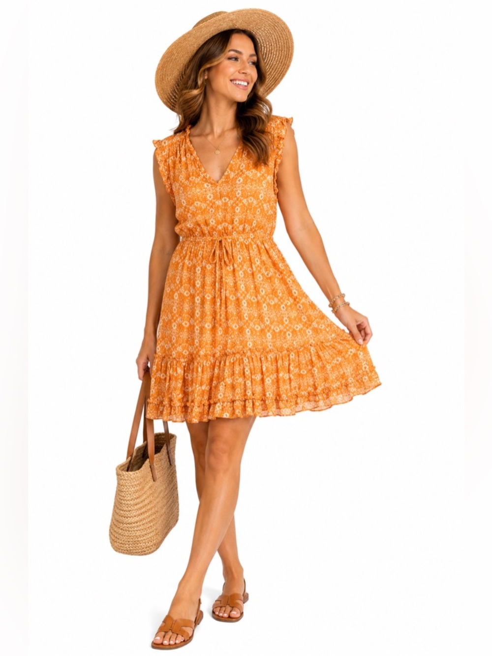 Ivy Yellow Floral Printed Tie Waist Sleeveless Midi Dress Large Spring Boho